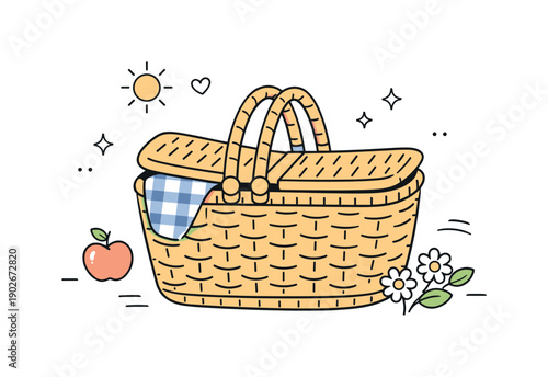Wicker picnic basket. A stylized wicker basket rendered with soft curves and gentle texture hints, placed in an airy layout. The mood is