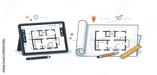Architectural blueprints digital transition. A tablet and printed blueprints side by side, showing modern tools integrated with classic