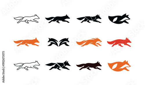 Fox hunting. Icon set. Set Logo of Fox hunting: fox silhouette in motion. harmonious logo variations of the same emblematic concept, each