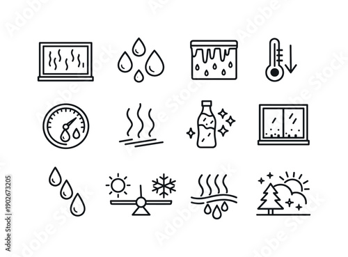 Condensation. Line icon set of Condensation: foggy glass, water beads, cooling surface, temperature drop arrow, humid gauge, vapor lines,