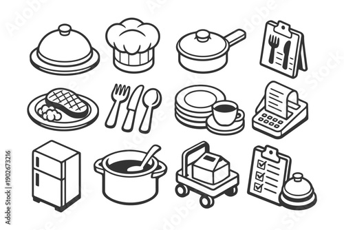 Kitchen and restaurant icons: chef hat, utensils, appliances, dishes, cart, menu.