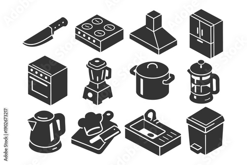 Set of black and white kitchen appliances and utensil icons.