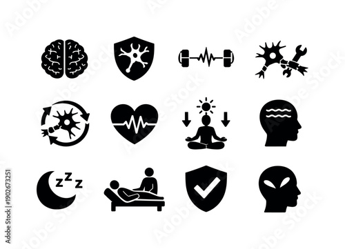 Nervous system. Solid icon set of neural health: healthy brain, neural protection shield, balanced signals, repair neuron, regeneration