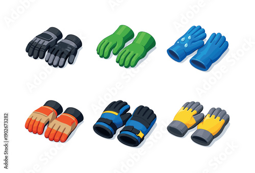 Colorful Safety Gloves Icons. Industrial hand protection. Isometric flat vector icons set of industrial hand protection: puncture-resistant gloves,