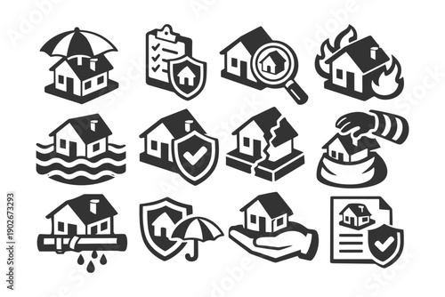 Home insurance icons: protection, damage, security, coverage.