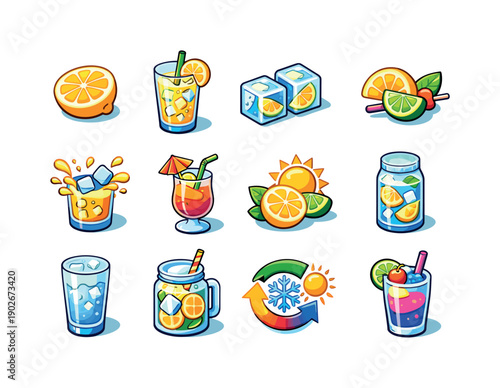 Summer Refreshment Icons. Summer refreshment. Colorful isometric vector icons set of summer refreshment: sliced lemon, lemonade glass, lemon ice cubes, citrus