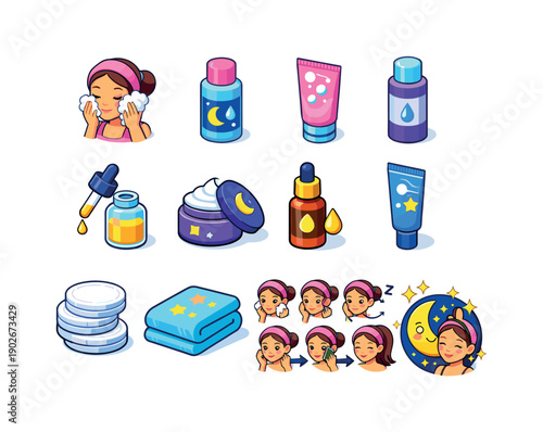 Night Skincare Icons. Night-time skincare. Colorful isometric vector icons set of night-time skincare: cleansing face, makeup remover bottle, gentle cleanser,