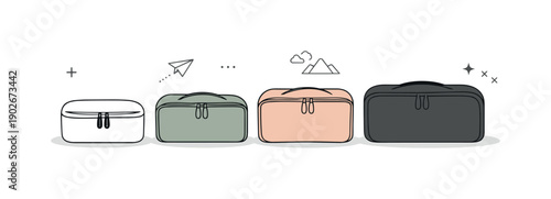Minimalist Packing Cubes. Neutral packing cube collection. Soft rectangular cubes aligned in a row with muted tones and rounded zippers. Practical minimalism,