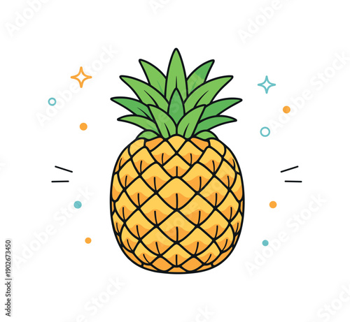 Pineapple flat lay. Whole pineapple viewed from above, centered on a clean background. Fresh tropical mood, focus on texture and shape.