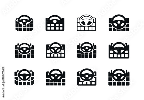 Driving Schedule Logos. Driving schedule planner. Icon set. Set Logo of driving schedule planner: steering wheel integrated with calendar grid. harmonious logo