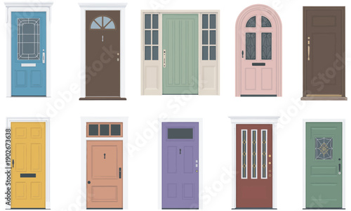 Cartoon front different doors set, residential entrance doors, retro facades, home decor elements, glass windows, apartment entry, flat style vector