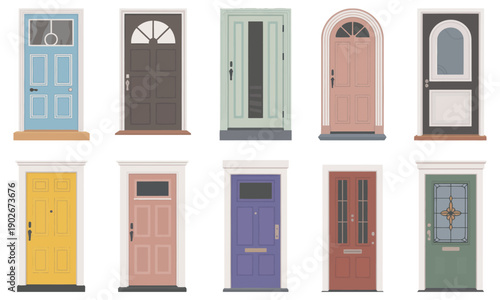 Cartoon front different doors set, retro facade door elements, home and apartment entrances, glass windows, flat house entry, decor, vector illustration