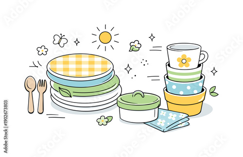 Reusable picnic tableware. Stackable plates and cups with simple patterns, ready for a spring picnic. Organized and mindful preparation with
