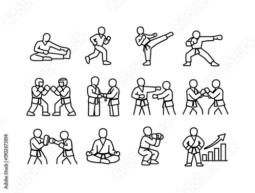 Martial Arts Training. Line icon set of Martial Arts Training: stretching pose, warm up drill, kicking practice, punching technique, sparring