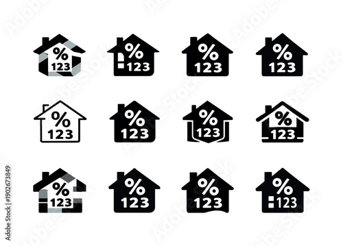 Bank Loan Logo Variations. Bank loan calculator. Icon set. Set Logo of Bank loan calculator: house with percentage and numbers. harmonious logo variations of