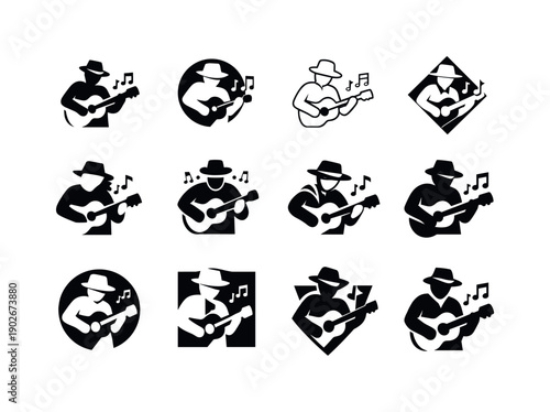 Street musician playing instrument. Icon set. Set Logo of street musician playing instrument: busker with hat and notes. harmonious logo