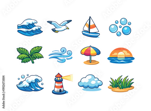 Ocean breeze. Colorful isometric vector icons set of Ocean breeze: sea waves, flying seagull, sailboat sail, salty air bubbles, palm leaves,
