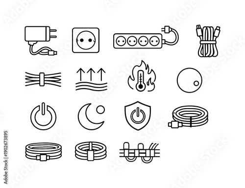 Console power and cables. Line icon set of console power and cables: power adapter, wall socket, surge protector, cable bundle, cable tie,