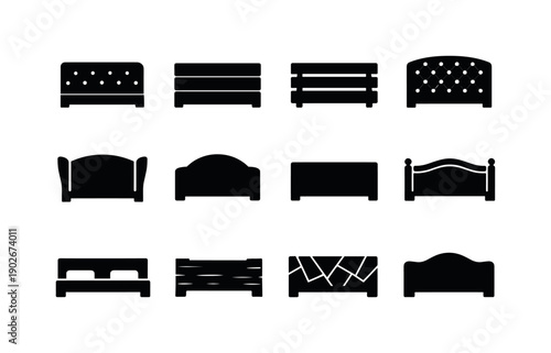 Headboard styles. Solid icon set of headboard styles: upholstered headboard, panel headboard, slatted headboard, tufted headboard, wingback