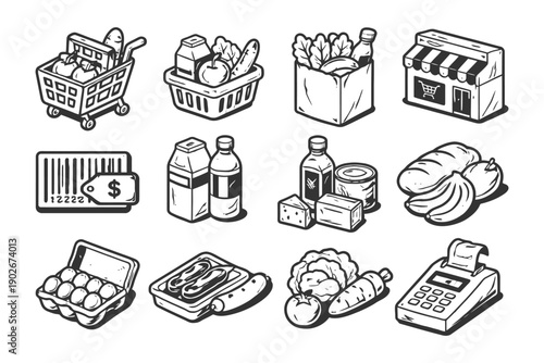 Black and white grocery icons: shopping cart, food items, cash register.