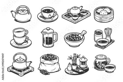 Tea set collection with teapots, cups, and brewing accessories in black and white.