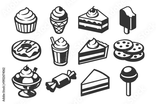 Assorted dessert icons: cupcakes, ice cream, cakes, and more.