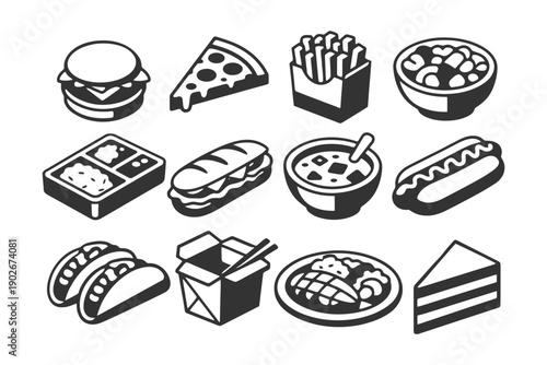 Assorted black and white fast food icons: burger, pizza, fries, tacos, hot dog, cake.
