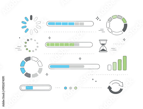 Endless progress indicator concept. A dashboard filled with looping spinners and incomplete bars, arranged neatly with lots of white space.