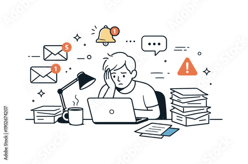 After hours work pressure. Person at a dimly lit desk surrounded by emails and notifications late at night. Mood of silent obligation and