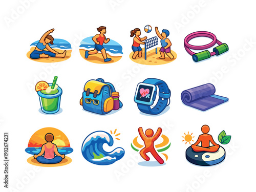 Active Beach Icons. Active beach lifestyle. Colorful isometric vector icons set of active beach lifestyle: morning stretch on sand, jogging by sea, volleyball