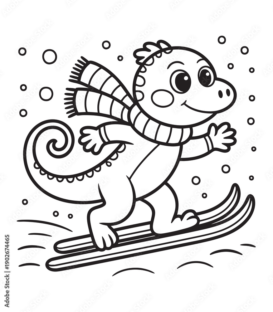 Obraz premium Cute Cartoon Chameleon Skiing Winter Line Art Vector