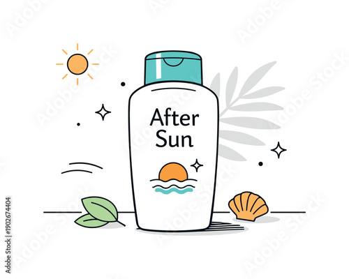 After sun lotion. Minimal editorial scene with after sun lotion bottle standing on a clean surface. Calm summer recovery and skin care mood,