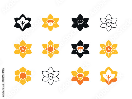 Narcissus Logo Variations. Narcissus. Icon set. Set Logo of Narcissus: single narcissus blossom icon. harmonious logo variations of the same emblematic