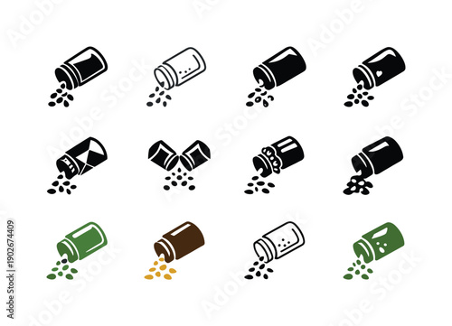 Spice Jar Icon Set. Refilling a spice jar. Icon set. Set Logo of Refilling a spice jar: open spice jar with scattered seeds. harmonious logo variations of the