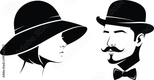 Elegant retro couple silhouettes vintage man with mustache and woman wearing hat classic fashion vector illustration isolated portrait design