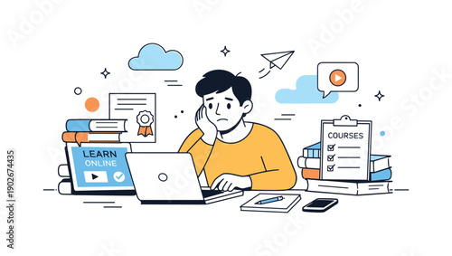 Lifelong learning fatigue. A calm editorial scene showing a worker surrounded by books, courses, and digital lessons, looking slightly tired