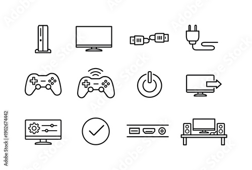 Connecting a game console. Line icon set of connecting a game console: game console, television screen, HDMI cable, power cable, game