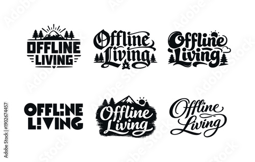 Offline living. Set lettering. harmonious lettering variations of the same emblematic concept, each with different artistic interpretation