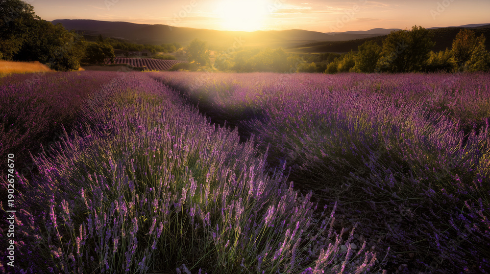 Obraz premium Lavender Field at Sunrise with Sun Rays and Mountain Valley Landscape