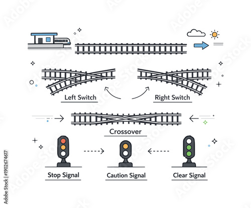 Railway engineering diagrams. Simplified schematic of railway tracks, switches, and signals arranged in a clear editorial layout. Calm
