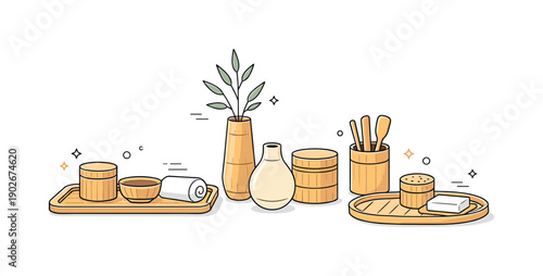 Bamboo Home Elegance. Bamboo home accessories. Clean arrangement of bamboo items like trays, vases and containers, expressing natural elegance and calm.