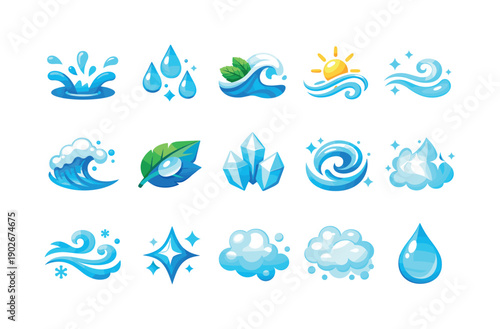 Marine freshness. Colorful flat vector icons set of marine freshness: water splash, cool droplets, minty wave, fresh air symbol, ocean spray,