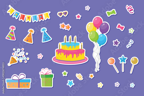 Vector collection of birthday stickers for notebooks. Flat clipart bundle. Cake, balloons, bunting, gift box, party popper and candy