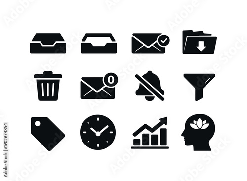 Inbox Zero Icons. Inbox Zero Lifestyle. Solid icon set of Inbox Zero Lifestyle: inbox tray, empty inbox, checkmark email, archive folder, delete email, unread