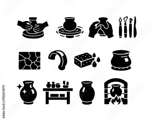 Artisan Pottery Icons. Artisan Pottery. Solid icon set of Artisan Pottery: clay vase shaping, spinning wheel motion, hand-guided form, pottery tool set, clay