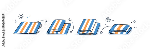 Beach towel folds. Step-by-step folding scene showing a towel partially folded on a clean surface. Sense of clarity, routine, and simple