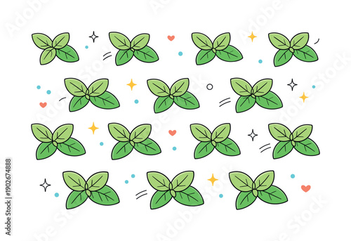 Basil leaves flat lay. A simple pattern of basil leaves viewed from above, evenly spaced for a modern editorial composition. The illustration