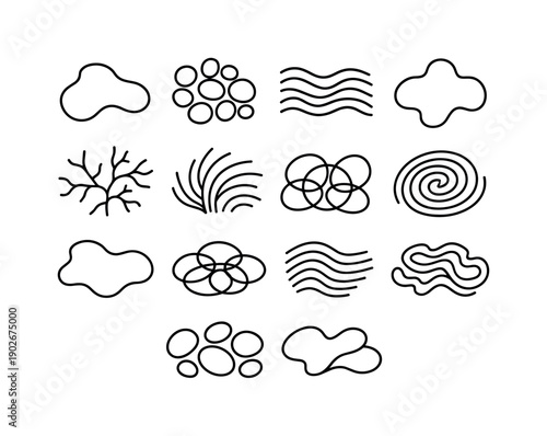Biomorphic Lines. Line icon set of Biomorphic Lines: flowing contour shape, organic blob, cellular pattern, soft wave bands, amoeba outline,