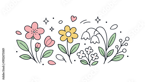 Spring Floral Serenity. Spring floral elements. Delicate spring flowers and leaves gently arranged in a light, airy composition, creating a fresh seasonal