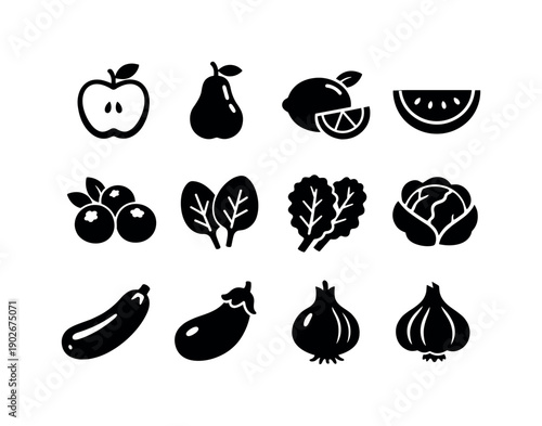 A close-up of fresh fruits and vegetables, promoting a healthy diet. Solid icon set of healthy produce: apple slice, pear, lemon, watermelon,